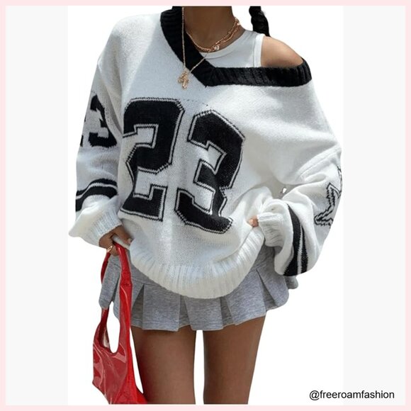 Oversized V-Neck Pullover Sweater, Y2K Knit Top, Long Sleeve